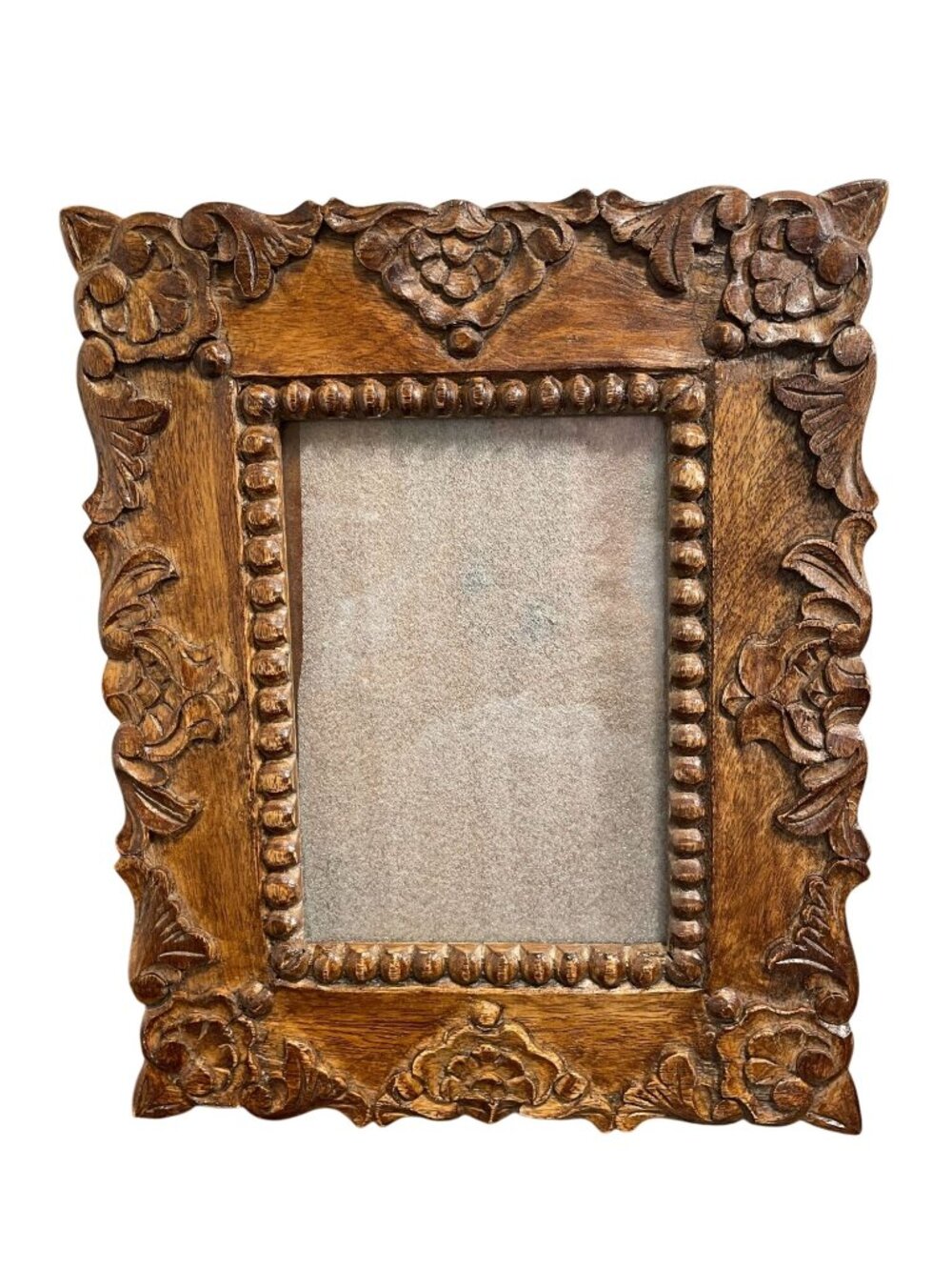Vintage Hand Carved Wood Picture Frame 5x7 Ornate Floral Beaded Spanish Colonial